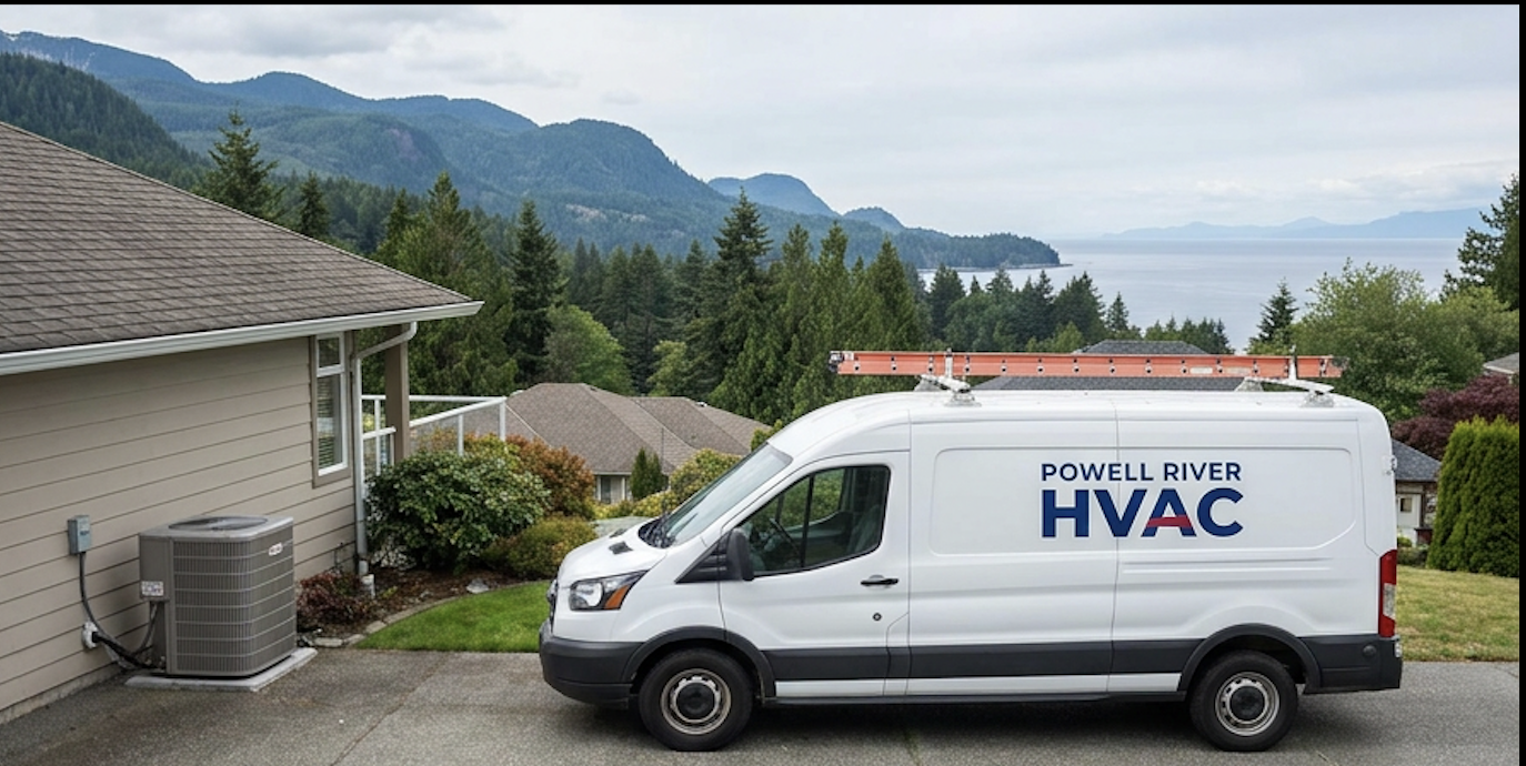 B.Knox service van at a Powell River home overlooking the ocean and coastal mountains